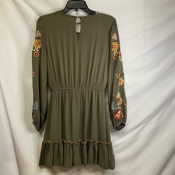 Andree by Unit Small  Olive Long Sleeve Embroidered Waist Mini Dress - Picture 3 of 5
